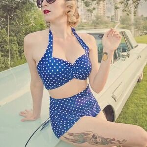 NWOT Red Dolly Swimwear Blue Polka Dot Retro High Waist Bikini Set Womens Large